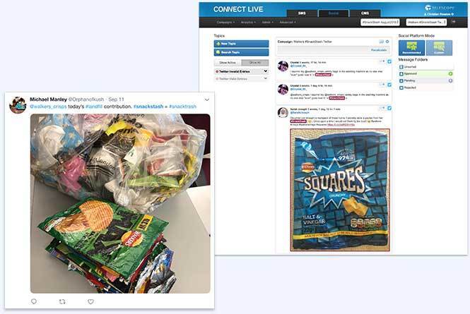 Snack Stash twitter campaign, example tweet and moderation tool being used in CONNECT for campaign