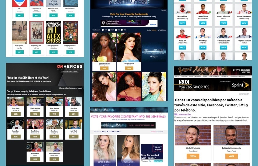 Multiple of Telescope's Standard Vote campaigns including Miss Universe, CNN Heroes, The Great American Read, La Voz, Miss USA, and Formula E