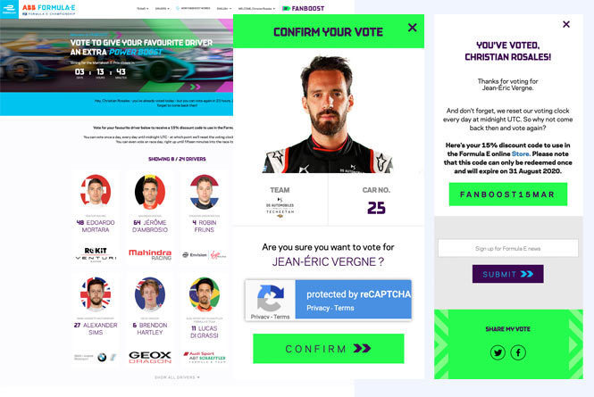 Vote landing page, pop up of selected driver and confirmation pop up that your vote has been cast.