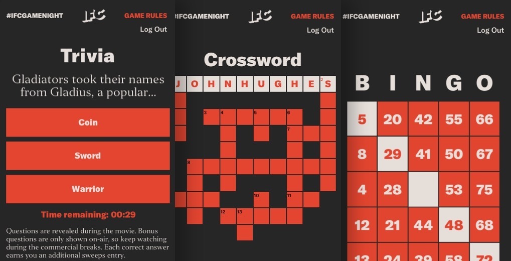 Mobile view of 3 games - trivia, crossword, bingo