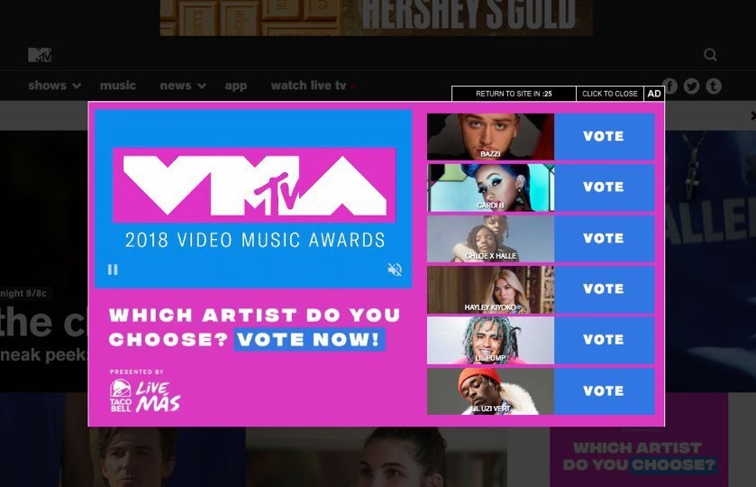 MTV VMAs custom in ad unit voting with 6 nominees