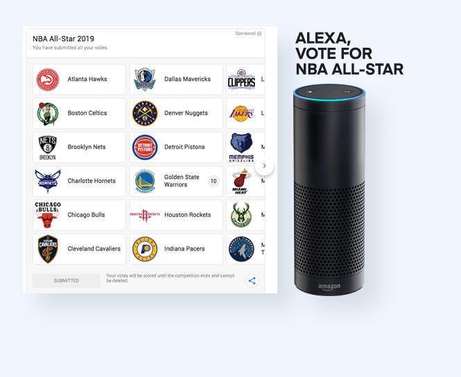 Google Search of NBA teams with an Alexa next to it with the statement "Alexa, vote for NBA All-Star"