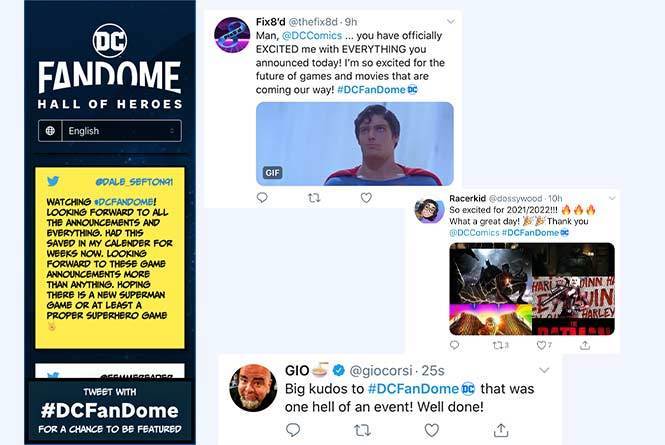 DC Fandome social wall and fan tweets