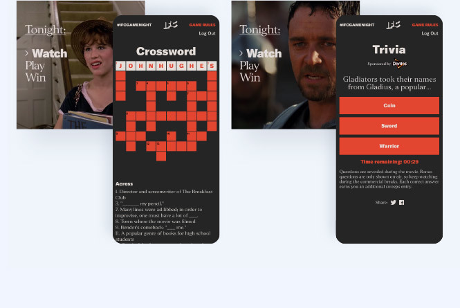 Screen grabs of two movies and the corresponding mobile games - crossword and trivia