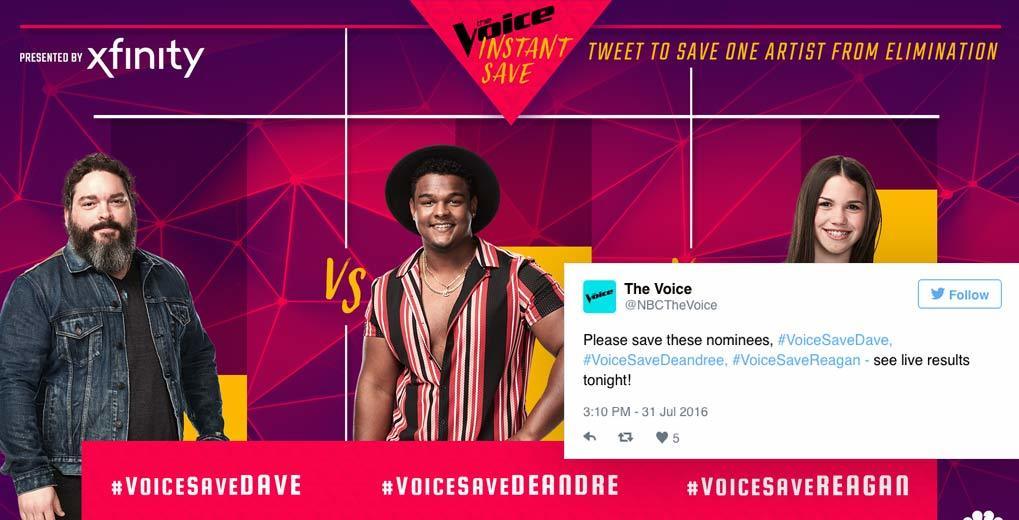 Voice Instant Save Promo Image with contestants up for save and social media comments overlaid