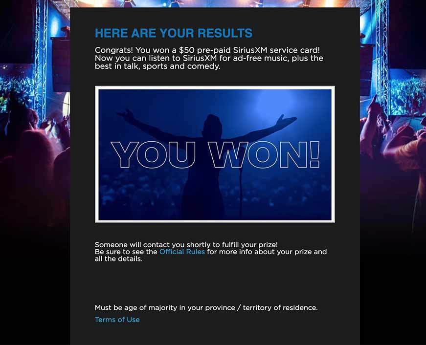Sirius XM online sweepstake experience with a winning scratcher