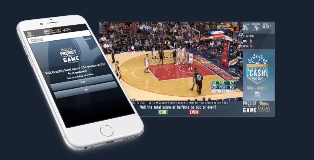 iPhone with Predict the Game on-screen;  in-app view of basketball game with questions and answers