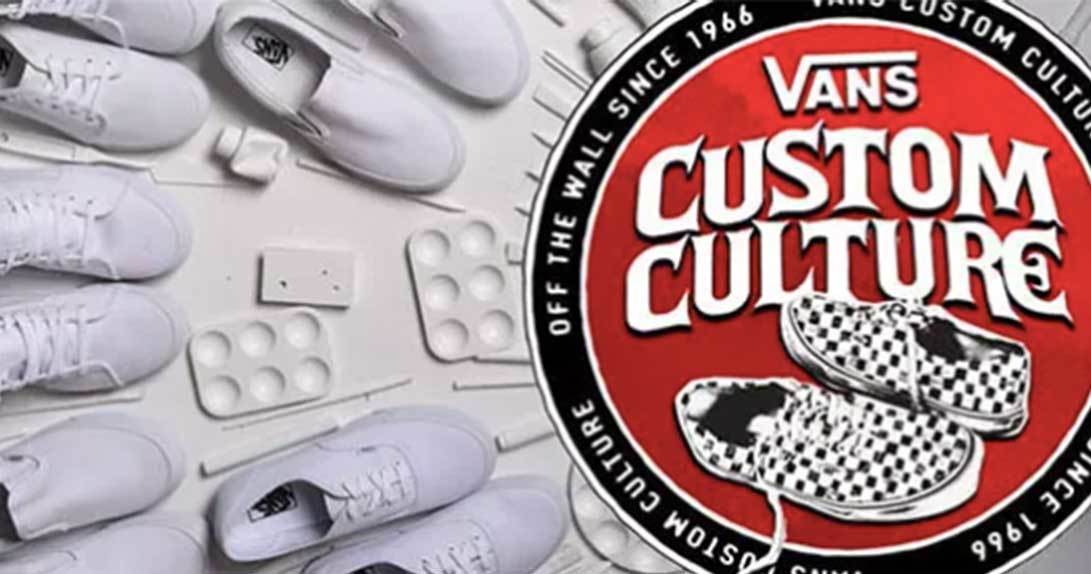 Vans Custom Culture logo with white sneakers and paint supplies