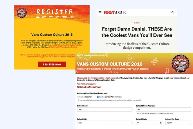 Online registration form for Vans Custom Culture contest and Teen Vogue article about finalists