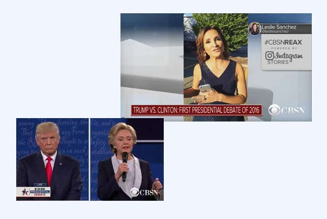 Instagram live integrated into TV broadcast and split screen of Donald Trump and Hillary Clinton debate