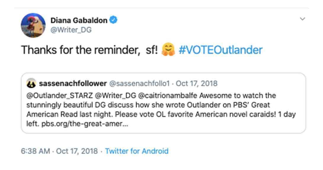 Diana Galbaldon tweet for Outlander vote
