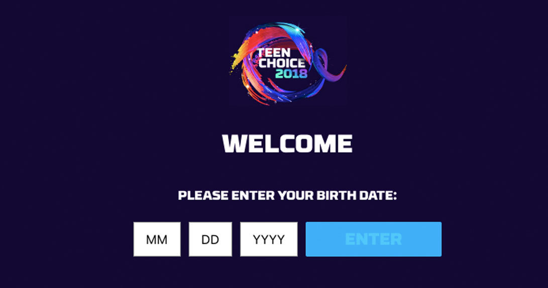 Teen Choice online welcome page with field to enter birthdate