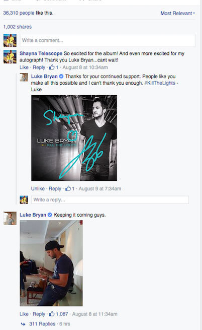 Luke Bryan replying to Facebook users and picture of Luke autographing