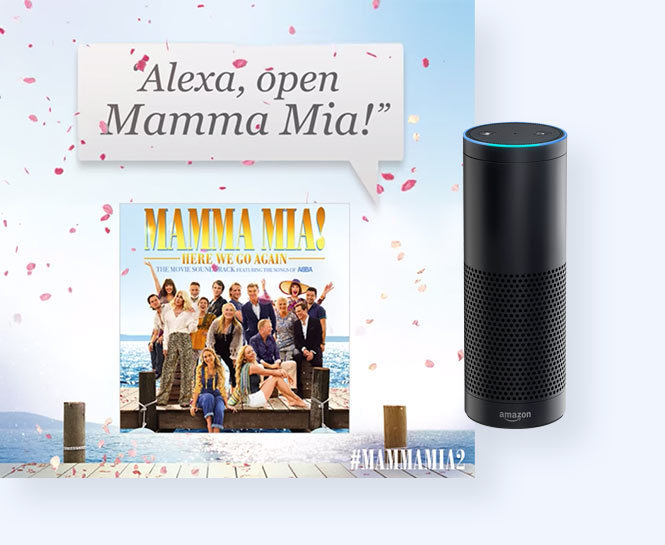 Visual of the Mamma Mia 2 soundtrack and Alexa with the statement "Alexa, open Mamma Mia! 