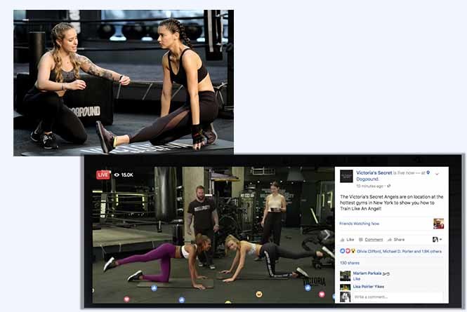 Trainer with VS model,  FB live stream of two trainers with two VS models working out with FB comments