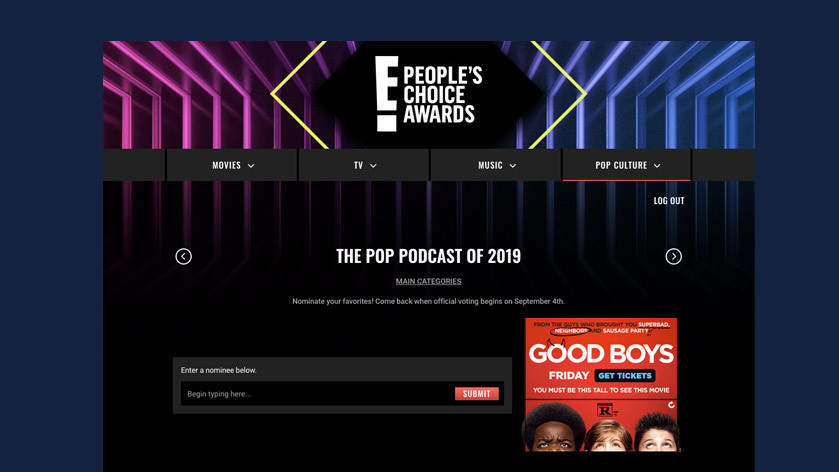 E! People's Choice Awards online write-in voting page with form to submit a nominee name