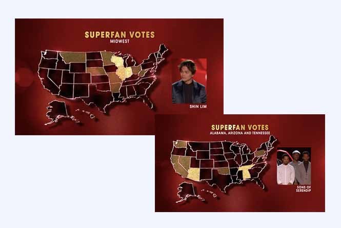 Super Fan vote data displayed across map for contestants