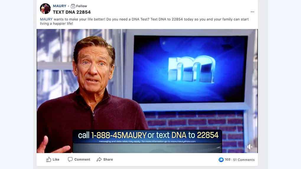 Facebook video with Maury Povich and text short code prompt