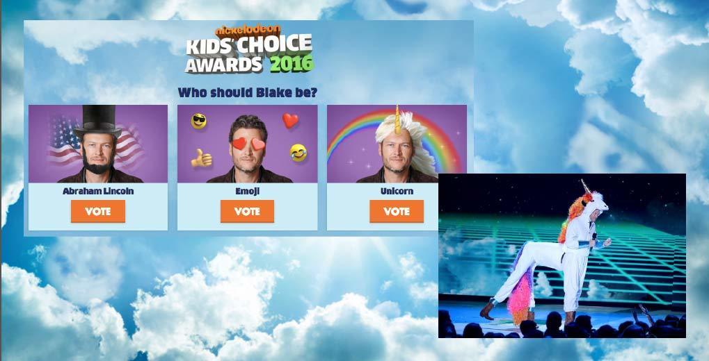 Kid's Choice Awards in show vote for "Who Should Blake Be?" and show results of Blake dressed as a unicorn.