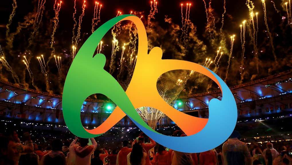 Rio Olympic logo over stadium photograph