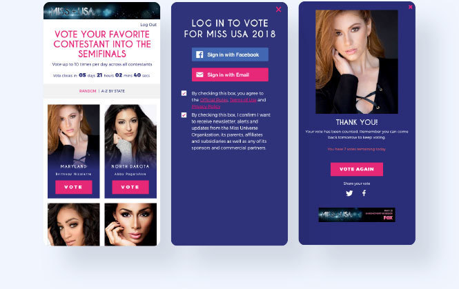 Miss USA Standard Vote screenshots with landing page, login page, and thanks page. 