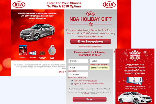 KIA Sweepstakes landing page, sweepstakes form and winner message