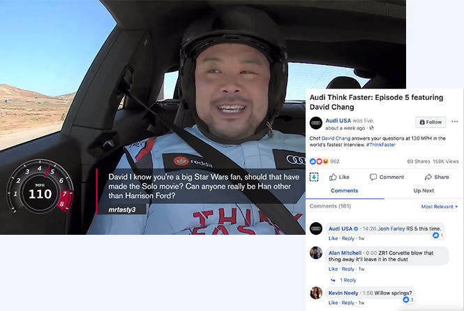 FB page with livestream of David Chang in race car and graphic of MPH and FB questions