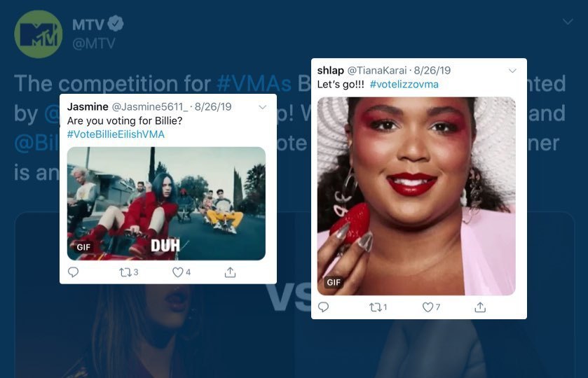 Tweets from fans voting for Billie Eilish and Lizzo at the VMAs