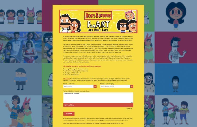 Bob's burgers fan art uploader form and examples in background