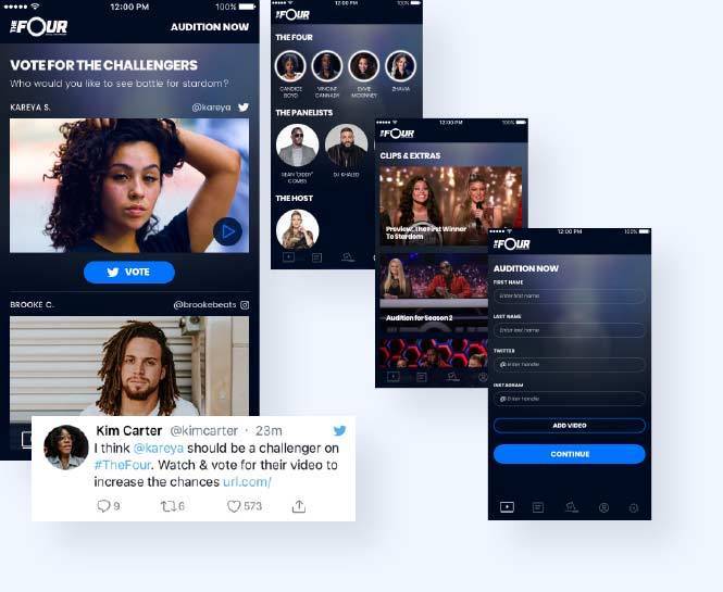 The Four native app with hashtag voting, standard voting, videos, and auditions