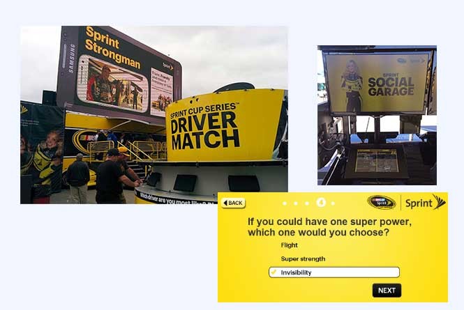 Sprint Experience booths, social garage app and table view of Driver Match game