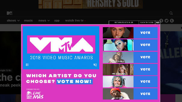 MTV VMAs custom in ad unit voting with 6 nominees