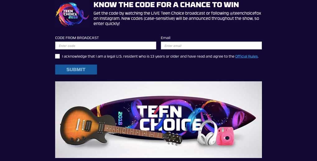 Teen Choice sweepstakes online entry form 