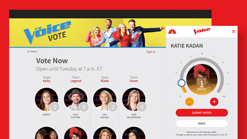  NBC's "The Voice" online voting landing page and screen shot of mobile phone voting for a particular contestant with option to assign multiple votes