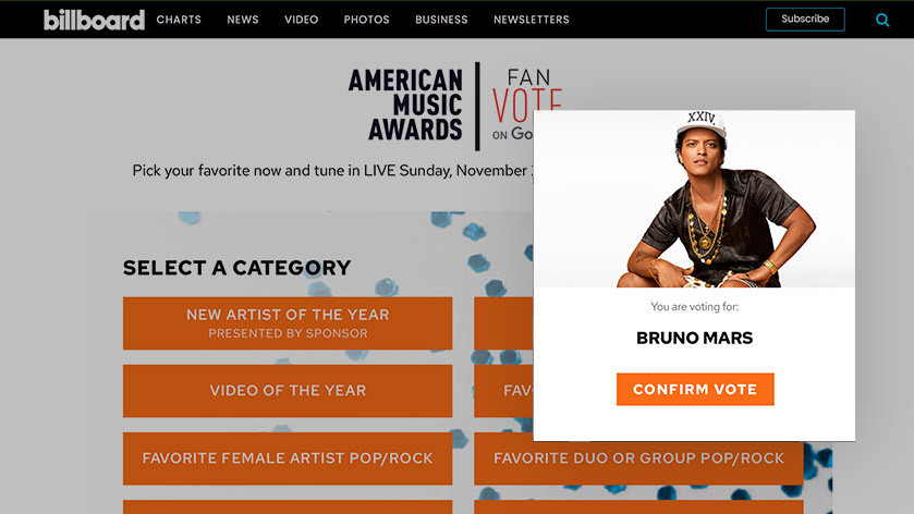 American Music Awards category vote landing page