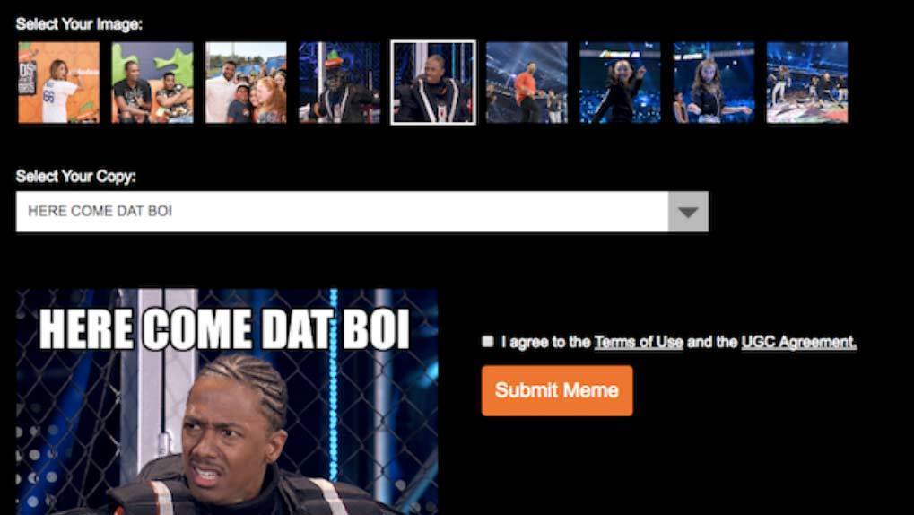 Screenshot van meme -generator met Nick Cannon -afbeelding en een lijn van geselecteerde tekst overlay