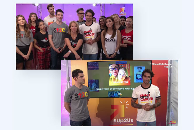 Group photo during live stream and two hosts featuring content on the Fan Feed XL screen