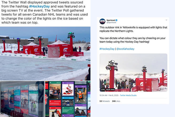 Twitter calls to action on how to participate, Sportsnet tweet about the rink poll and images of the Twitter wall on site