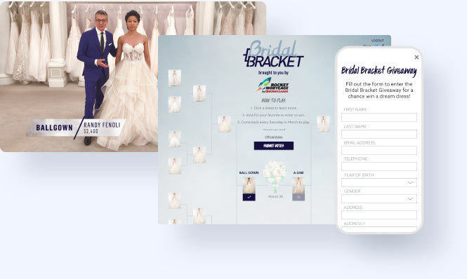 Woman wearing a bridal gown and example of an online bracket-style vote to vote on dresses