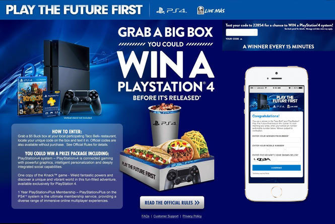 Promotion image of taco bell box and cup with playstation 4 prizing and instructions on how to play