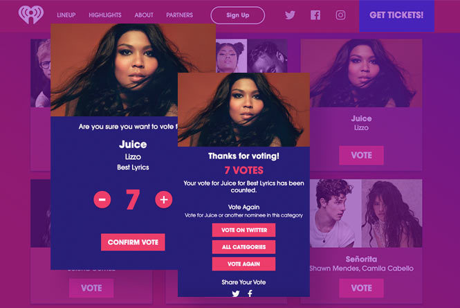 Online voting page with vote selection and vote confirmation pages